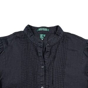 LRL Black Linen Banded Collar Pintuck Pleated Long Bubble Sleeve Shirt L‎